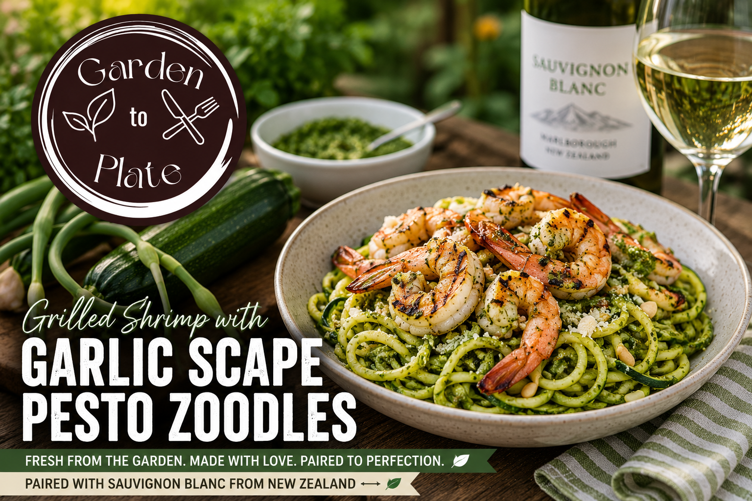 Garden to Plate: Grilled Shrimp with Garlic Scape Pesto Zoodles and Sauvignon Blanc